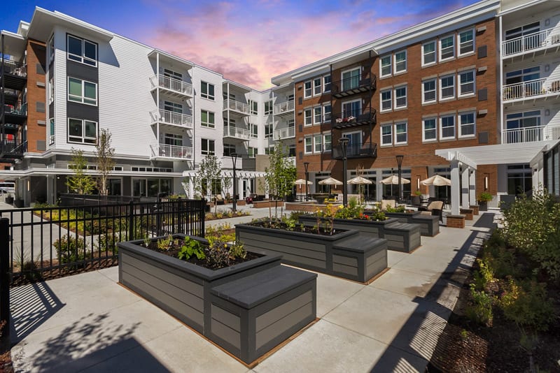 Spacious patio at Merrill Gardens at Burien in Burien, Washington. 