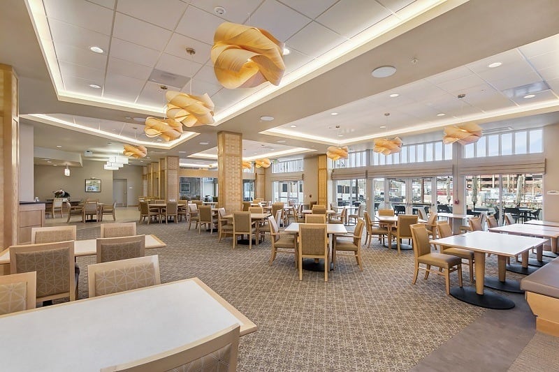 Spacious dining room at Merrill Gardens at Auburn in Auburn, Washington. 