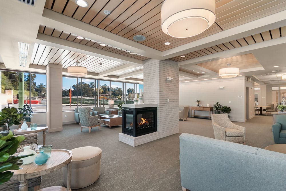 Spacious lobby at Merrill Gardens at Rockridge in Oakland, California. 