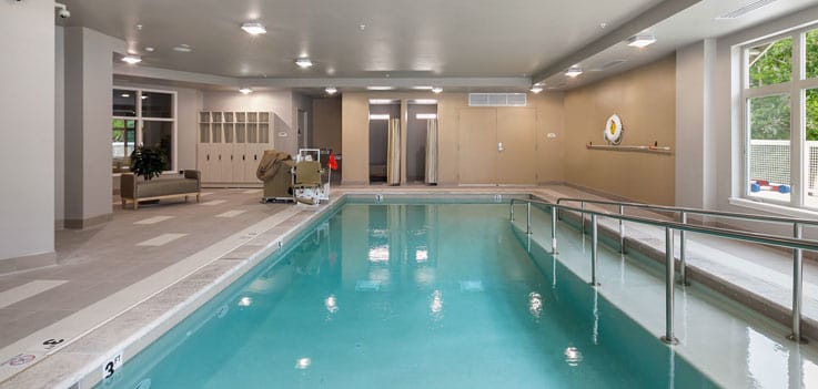 Zero-entry indoor pool at Merrill Gardens at Monterey in Monterey, California.