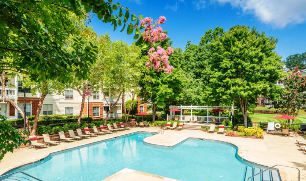View of the clubhouse at The Village Apartments in Raleigh, North Carolina