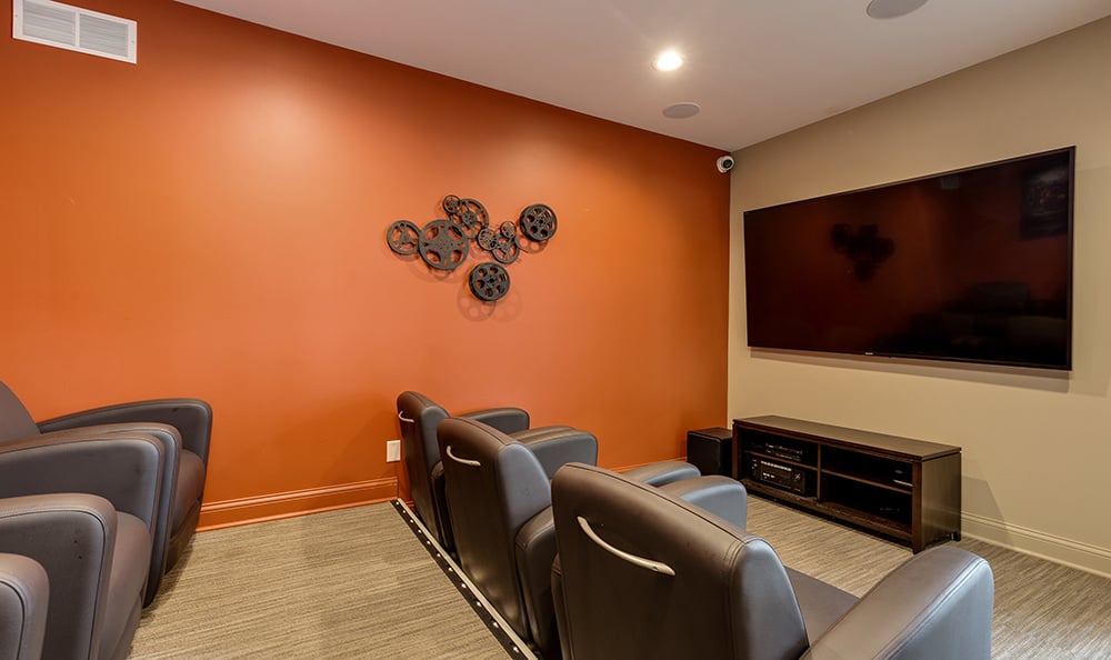 On-site movie theater at The Trilogy Apartments in Belleville, Michigan