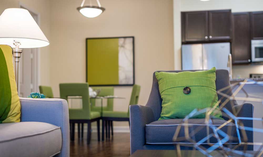 Comfortable model living room at Alaqua