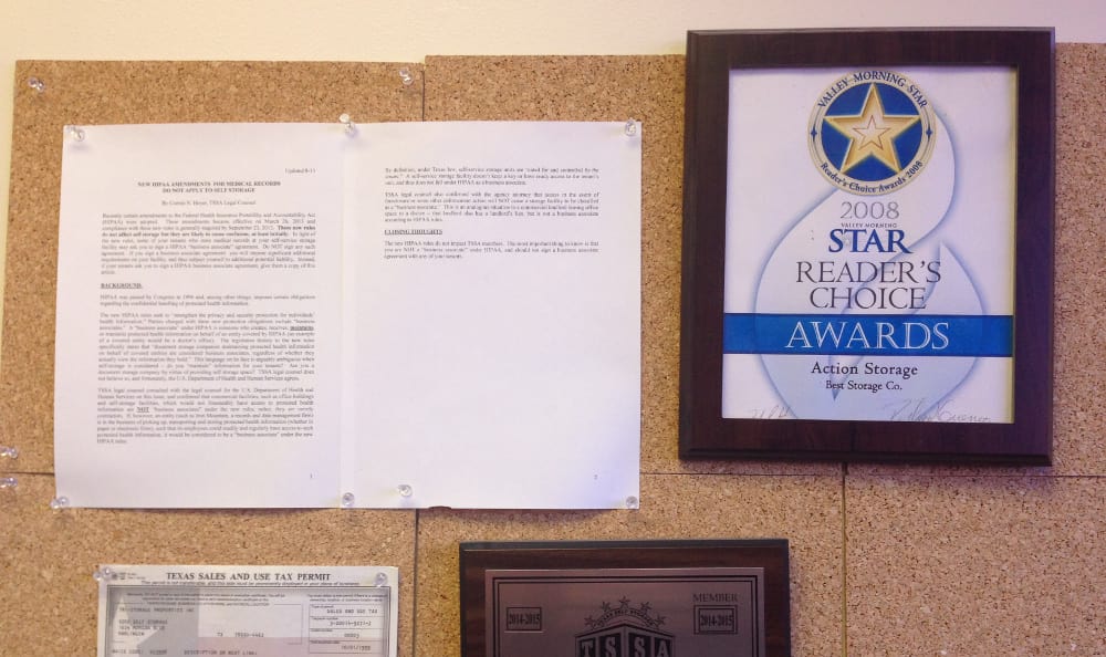 Award letter at Action Self Storage in Harlingen, Texas