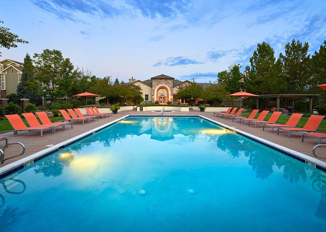 Pool area at Legend Oaks Apartments