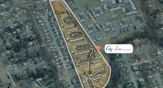 Aerial view of the City Line Apartments property in Newport News