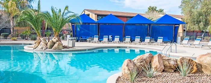 Lavish swimming pool area at Aventerra at Dobson Ranch in Mesa