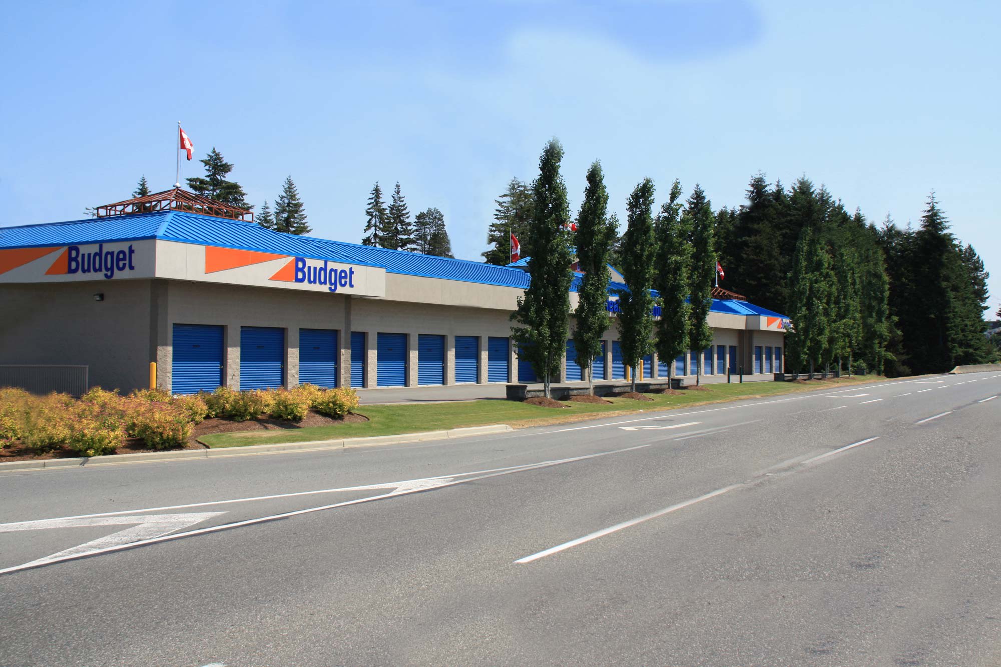 Office view from the road for Budget Self Storage in Nanaimo, British Columbia. 