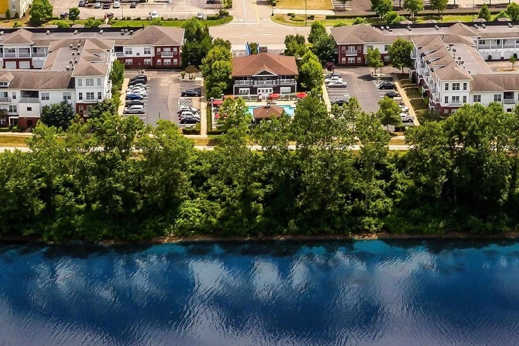 Aerial view of The Waterfront Apartments community in Munhall, PA
