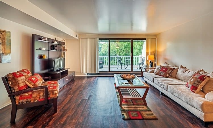 The Cascades Townhomes and Apartments offers a modern living room in Pittsburgh, Pennsylvania