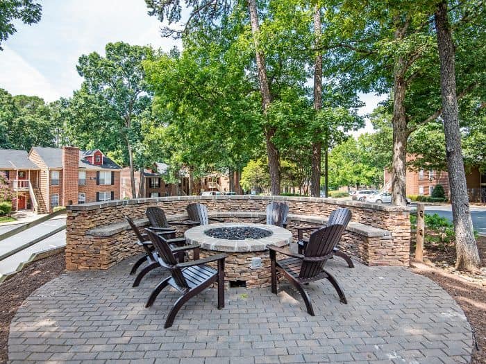 Outdoor seating near the fire pit at Six Forks Station in Raleigh