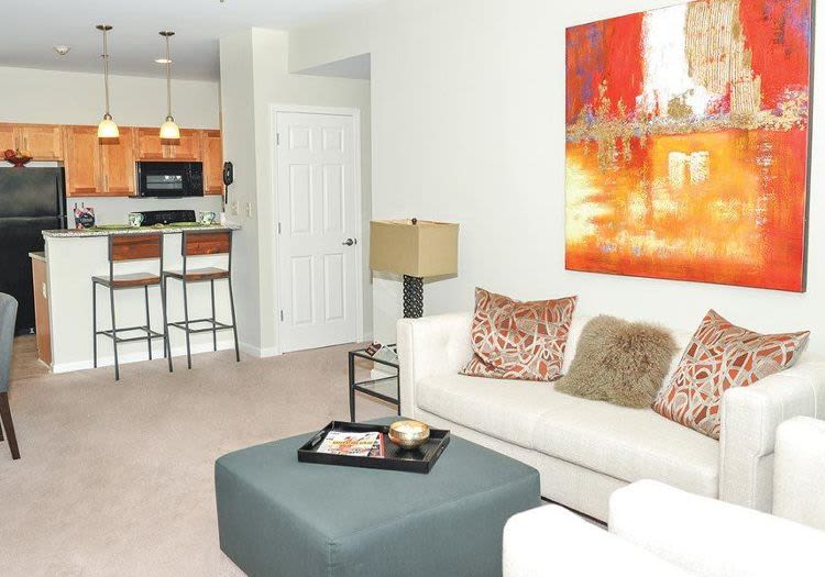 Well decorated living room at Rivers Pointe Apartments in Liverpool, NY