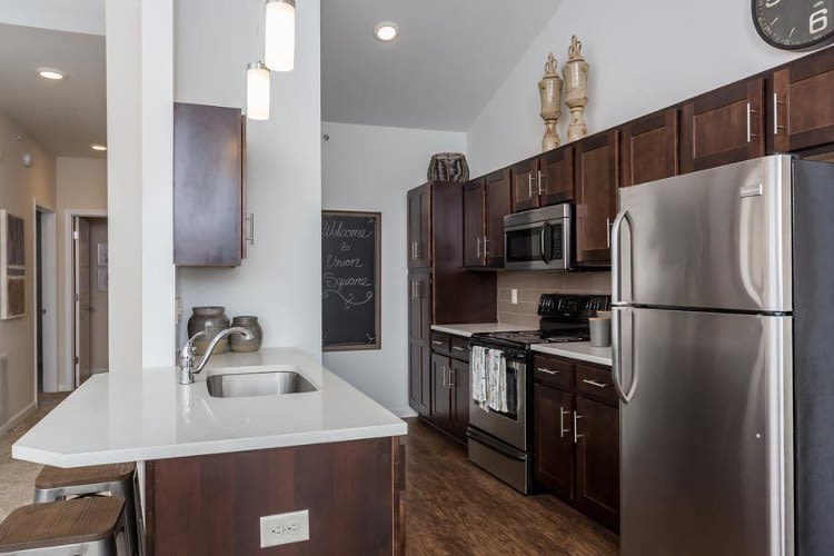 Union Square Apartments in North Chili, New York showcase a modern kitchen