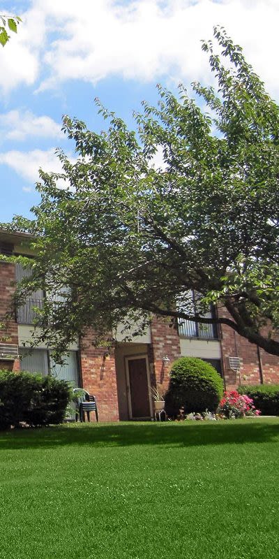 Exterior view of apartment buildings at Crossroads Apartments in Spencerport, New York