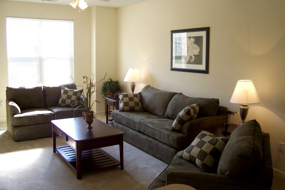 Spacious living room at Falls Creek Apartments & Townhomes in Raleigh, NC