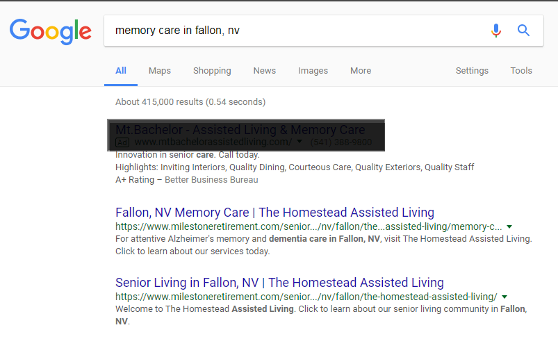 Google Search Engine Results Page for keywords memory care in fallon, nv