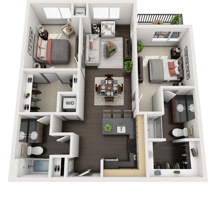 Locomotive two bedroom, two bathroom floor plan at Oxford Station Apartments in Englewood