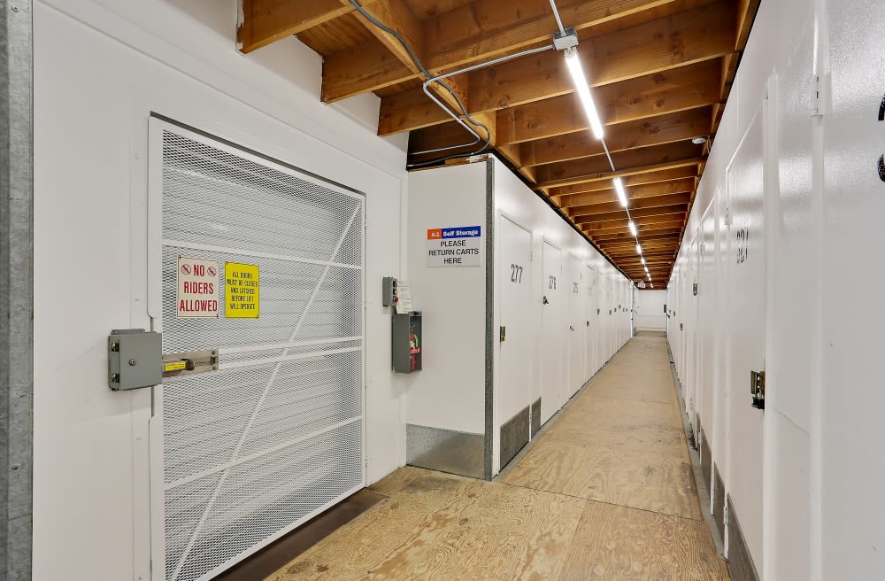 Freight elevator and inside storage at A-1 Self Storage in Oceanside, California