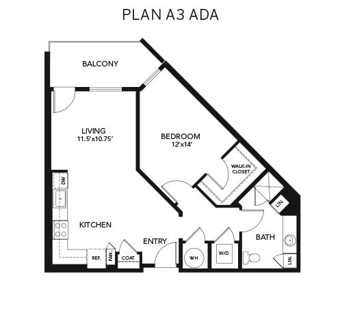 1 bedroom A3 - ADA: Approx. 849 sq ft floor plan at Avenida Lakewood senior living apartments in Lakewood, Colorado