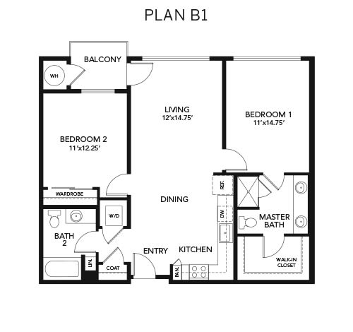 2 bedroom B1: Approx. 1,093 sq ft at Avenida Lakewood senior living apartments in Lakewood, Colorado