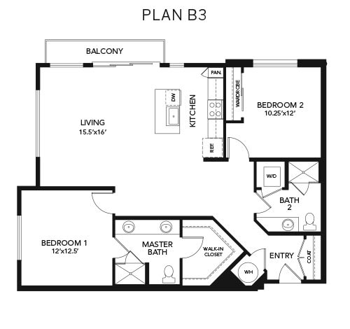 2 bedroom B3: Approx. 1238 sq ft at Avenida Lakewood senior living apartments in Lakewood, Colorado