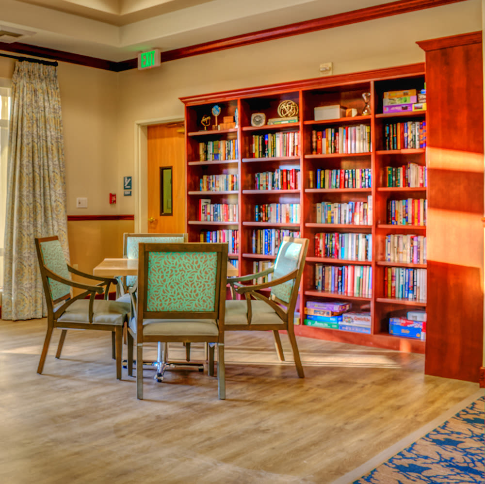 Library and seating area at The Creekside in Woodinville, Washington