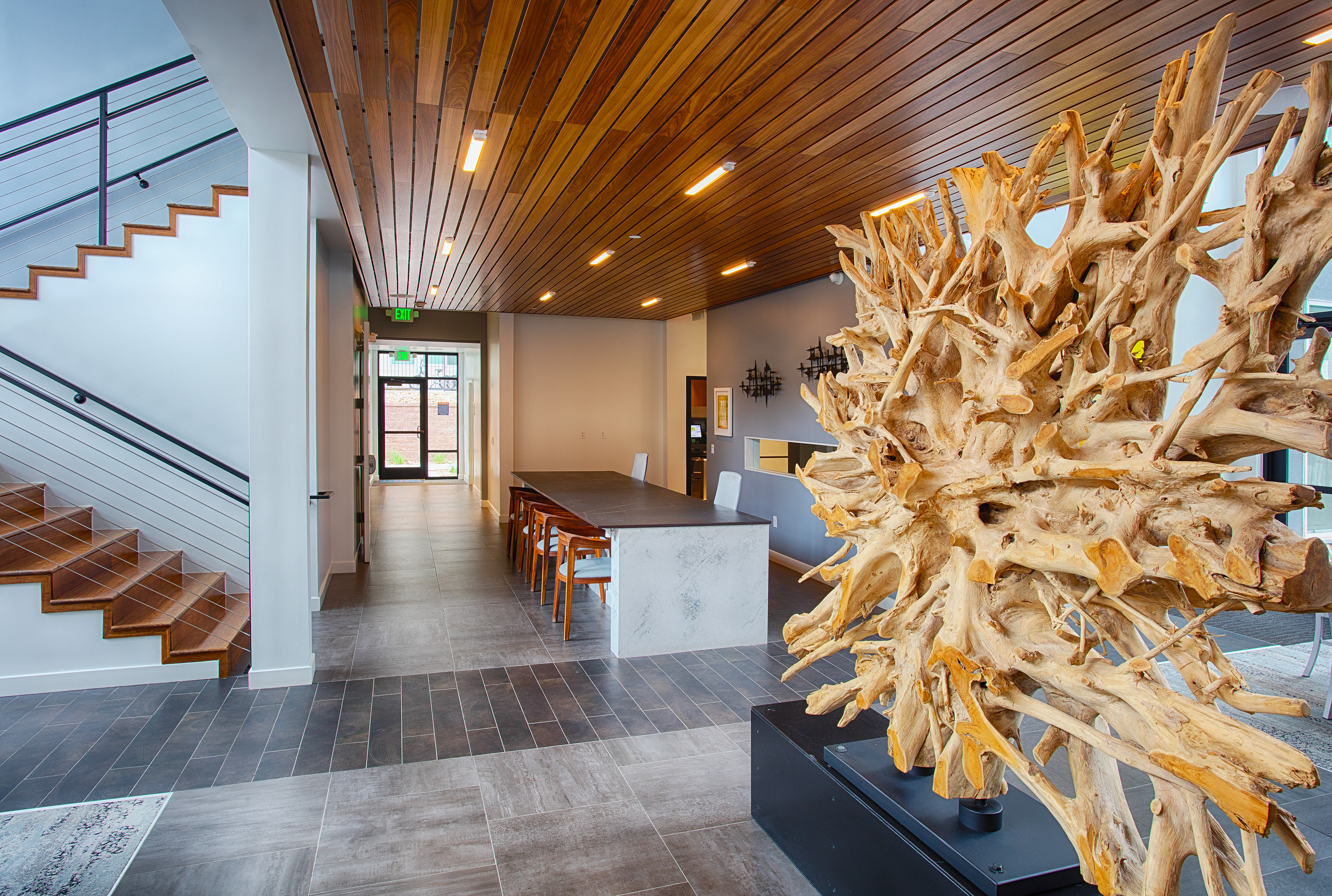 Sleek modern décor in the lobby at Elevate in Englewood, Colorado