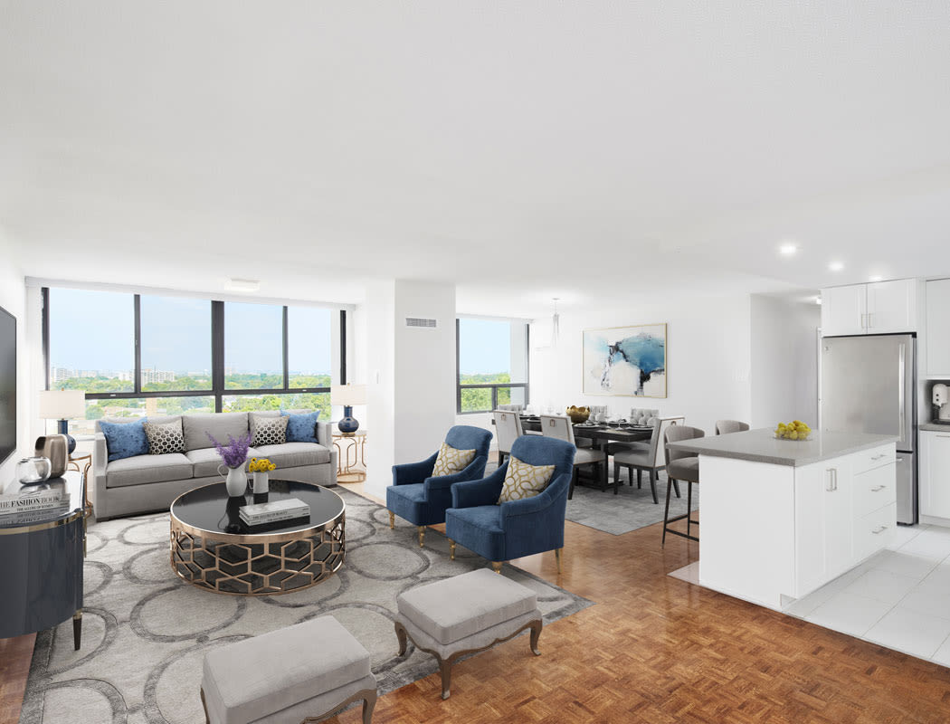Spacious living room at Widdicombe Place in Etobicoke, Ontario