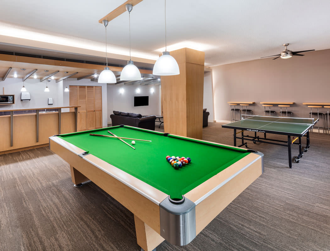 Pool table and rec room at Parkview Towers in Burnaby, BC