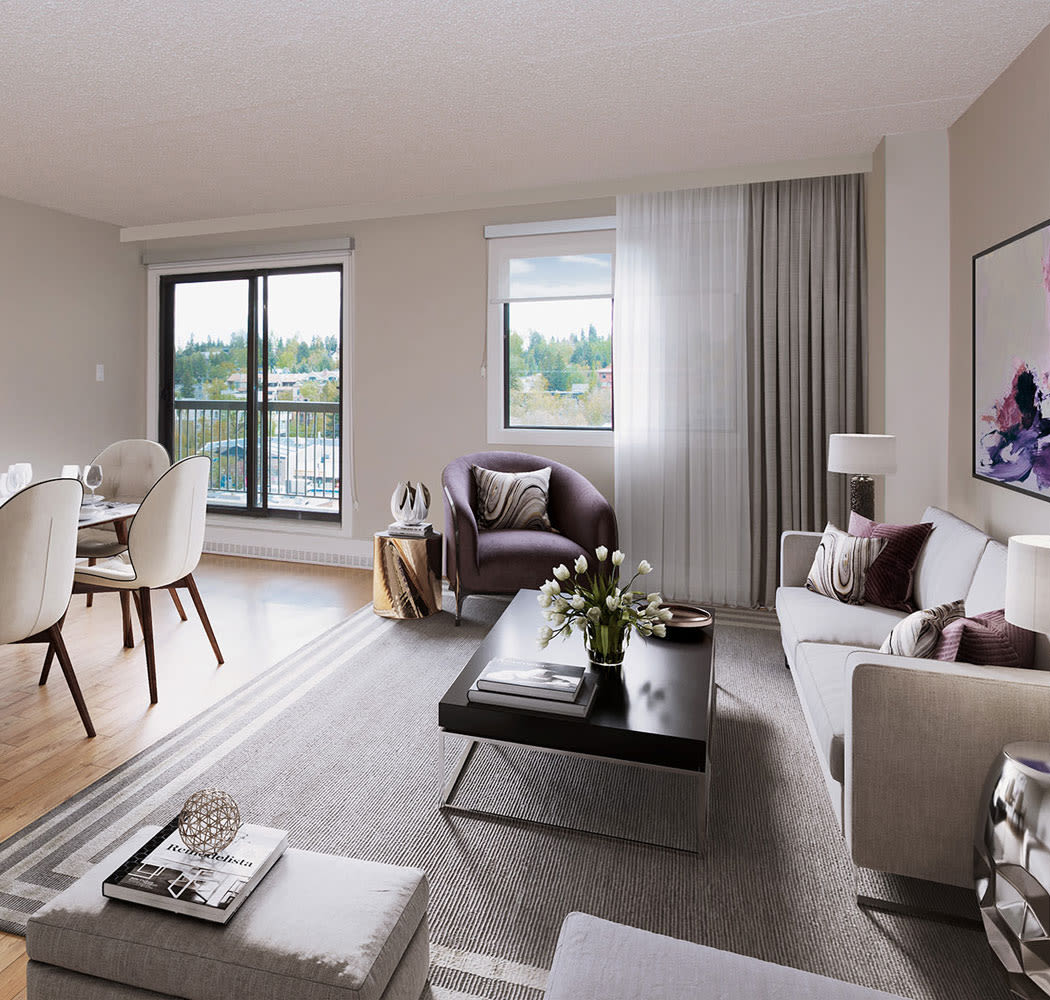 Spacious living room at Royal View Apartments in Calgary, Alberta