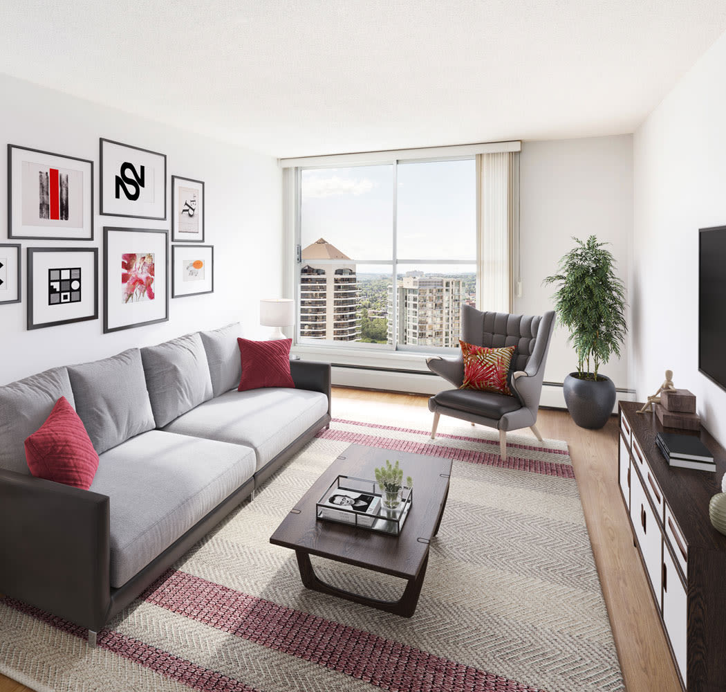 Beautiful living room at Calgary Place Apartments in Calgary, Alberta