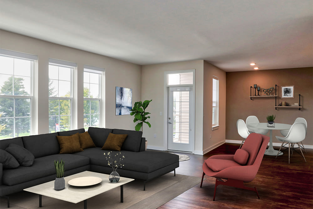 Cozy living room at Pinnacle North Apartments in Canandaigua, New York