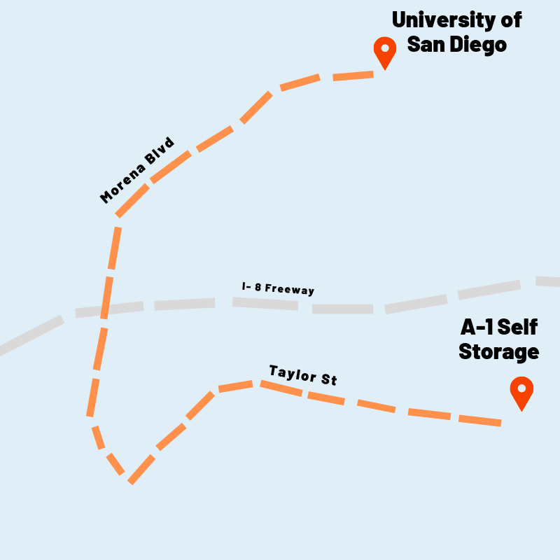 Map of how to get to USD from A-1 Self Storage in San Diego, California
