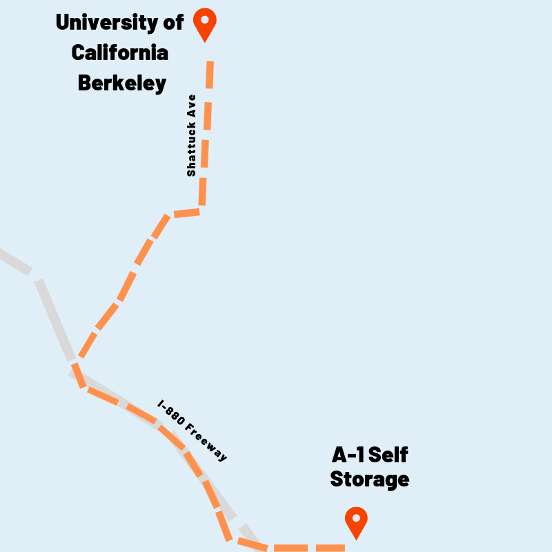Map of how to get to University of California Berkeley from A-1 Self Storage in Oakland, California