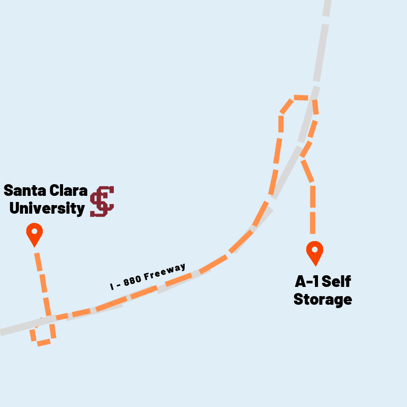 Map of how to get to Santa Clara University from A-1 Self Storage in San Jose, California