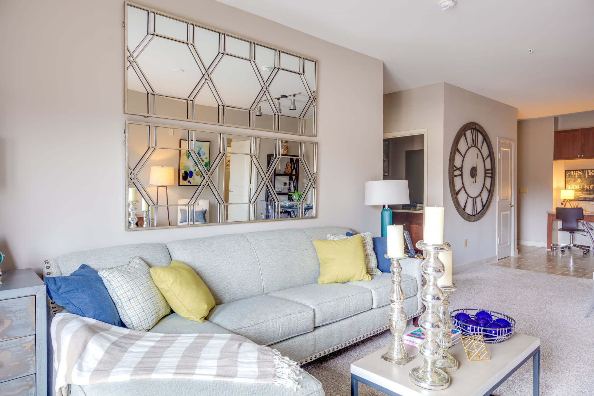 Model living room at McBee Station in Greenville, South Carolina