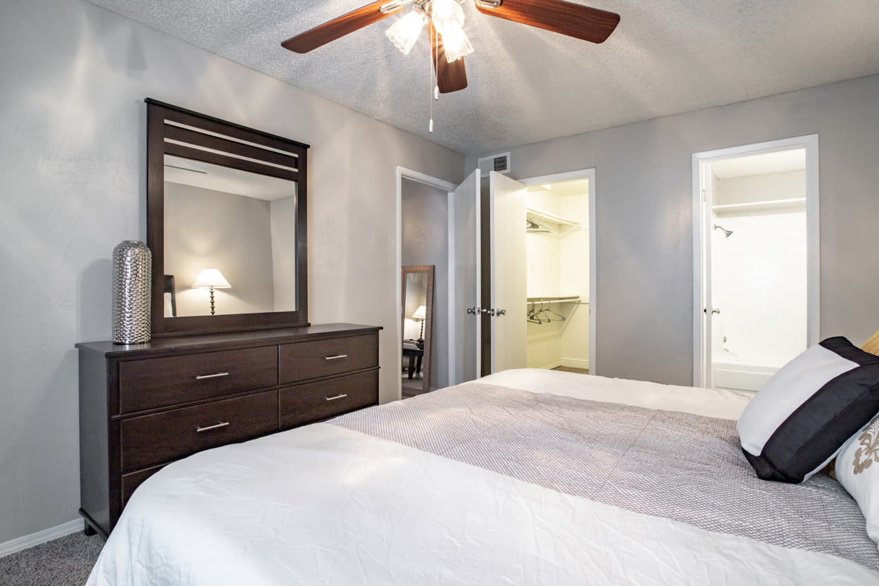 Model bedroom at Willowick Apartments in College Station, Texas