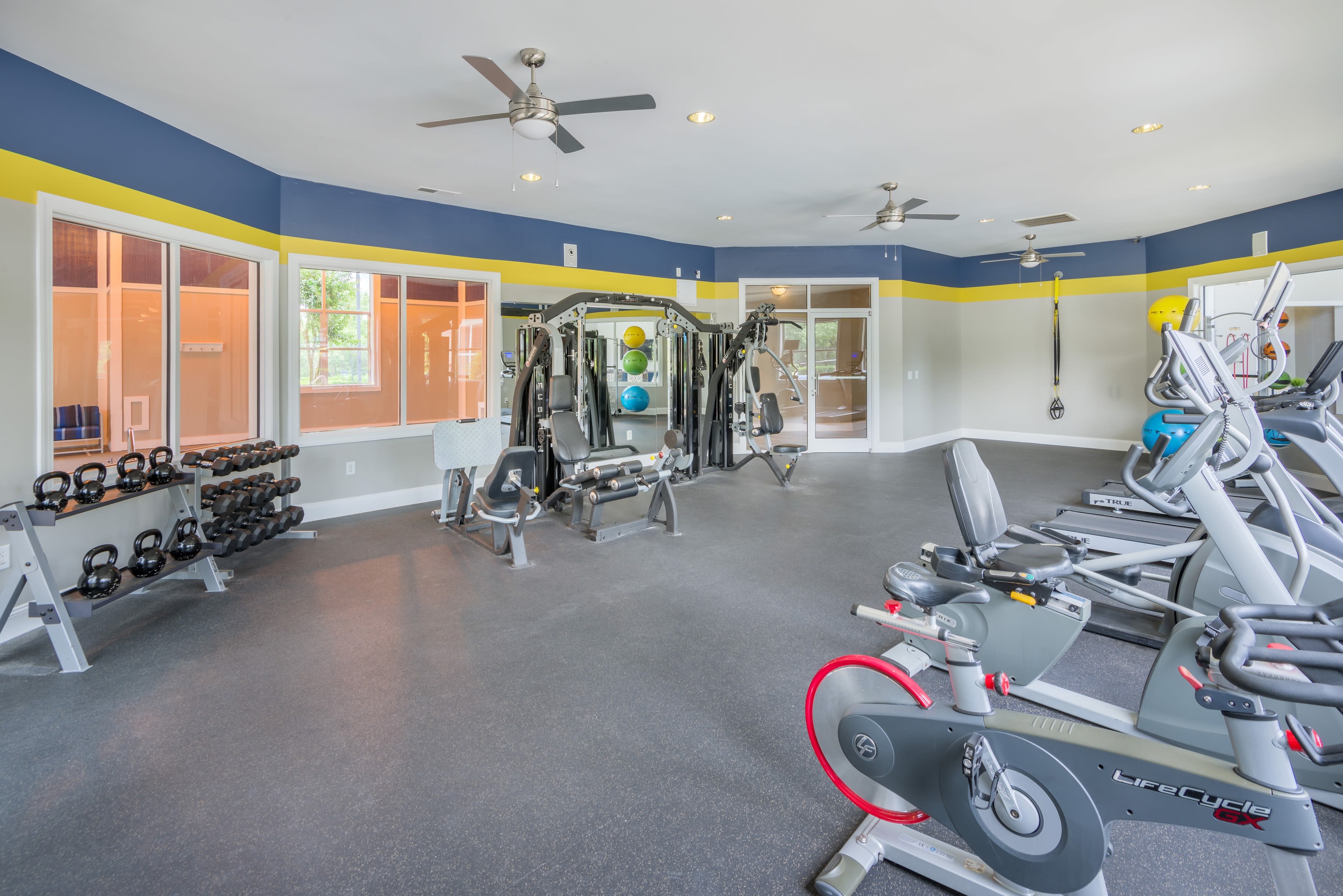 Well-equipped onsite fitness center at 200 East in Durham, North Carolina