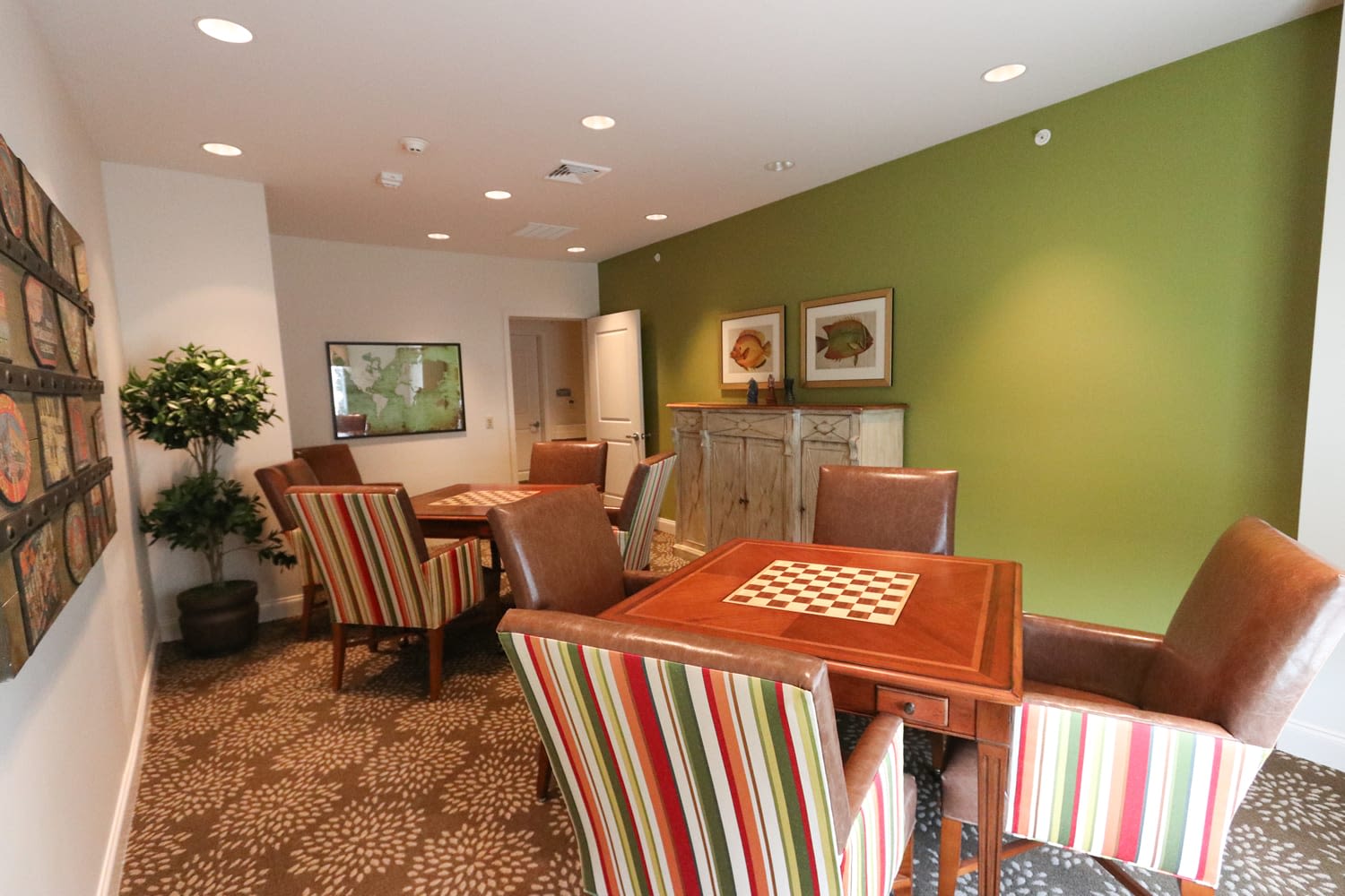 Activity room with chessboards at Harmony on the Peninsula in Yorktown, Virginia