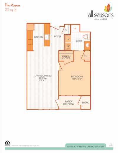 The Aspen floor plan at All Seasons Ann Arbor in Ann Arbor, Michigan