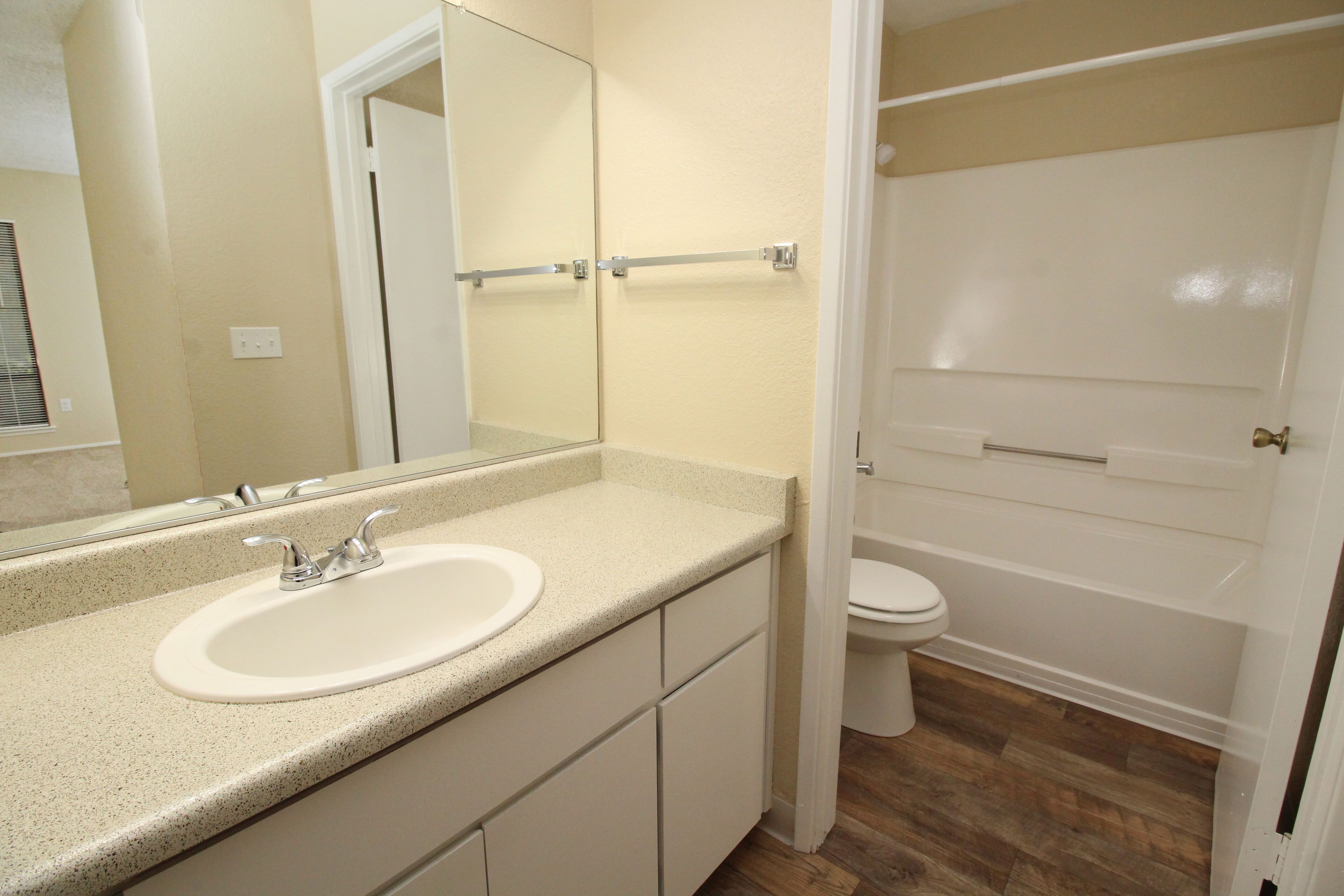 Bathroom and shower at Huntcliffe Apartments in Fair Oaks, California
