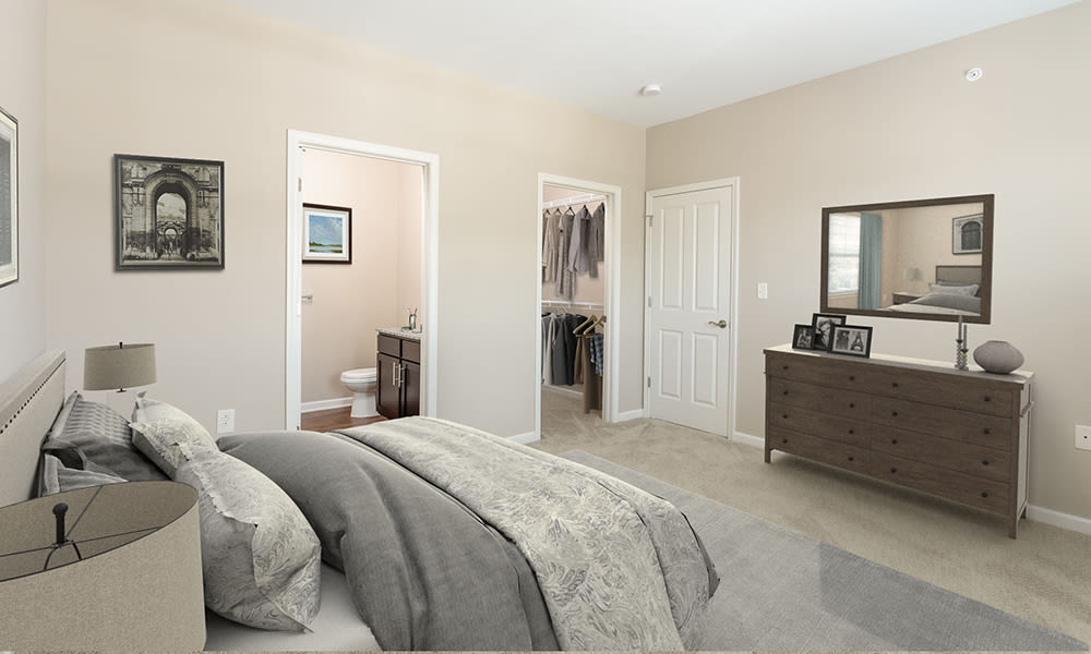 Bright master bedroom at Canal Crossing in Camillus, New York