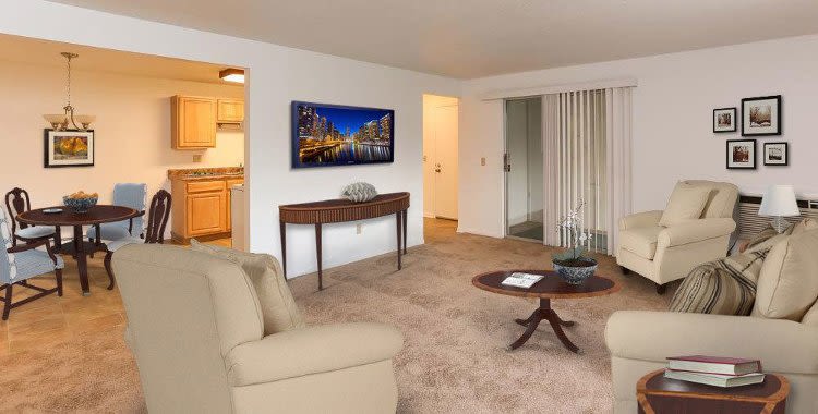 Spacious modern living room at Henrietta Highlands in Henrietta, New York