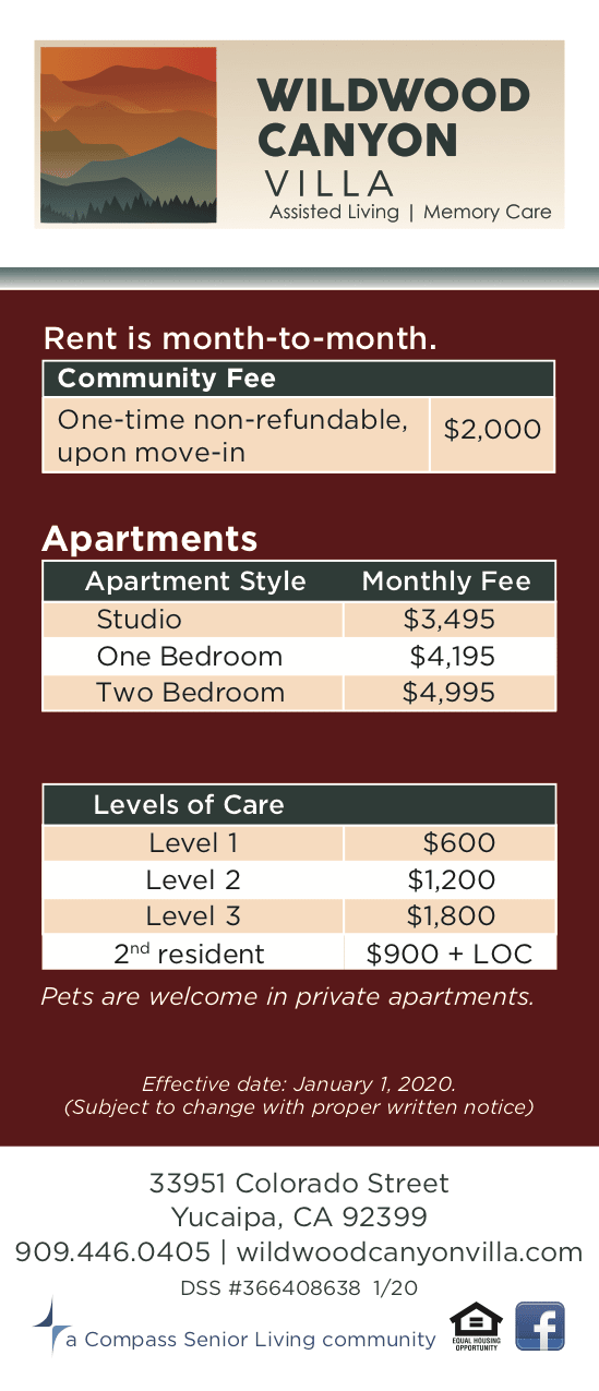Assisted living rates at Wildwood Canyon Villa Assisted Living and Memory Care in Yucaipa, California