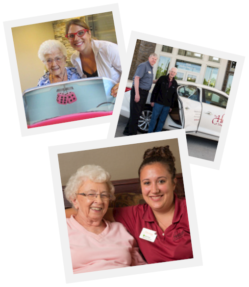 A collage of photos of happy residents and caregivers at The Heritage at Fountain Point in Norfolk, Nebraska