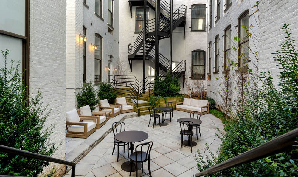 Modern-style courtyard at Grand Adams in Hoboken, New Jersey