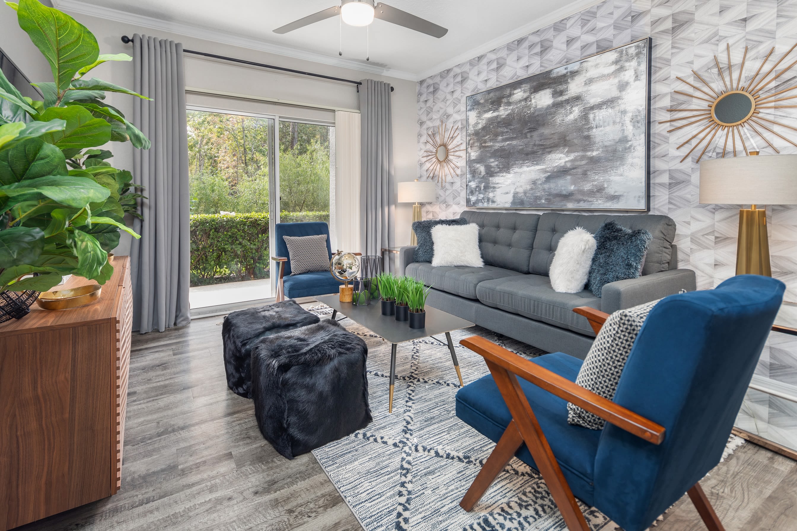 Open-concept floor plan with modern decor in a model home at Mezza in Jacksonville, Florida