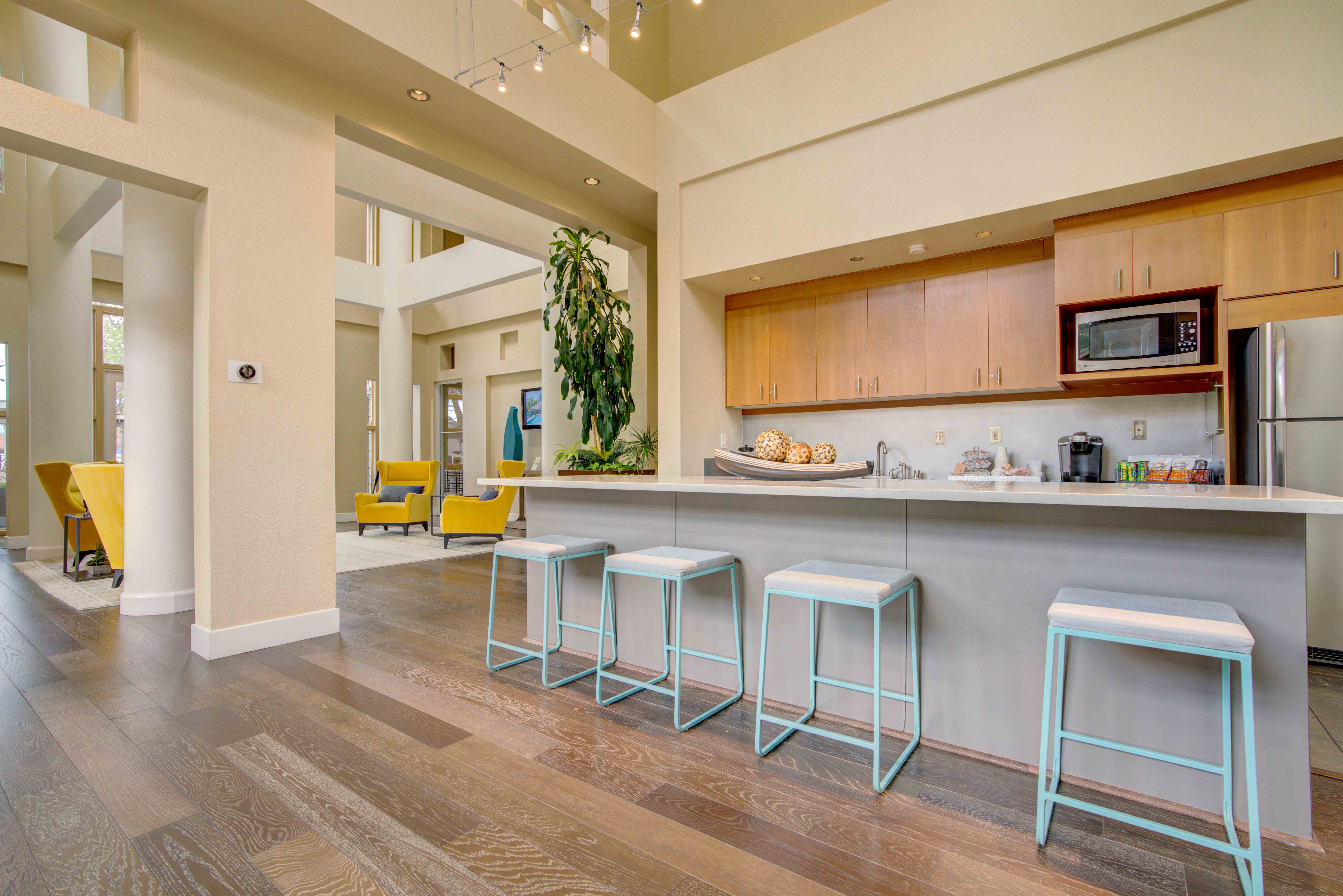 Demonstration kitchen in the resident clubhouse at Sofi Sunnyvale in Sunnyvale, California