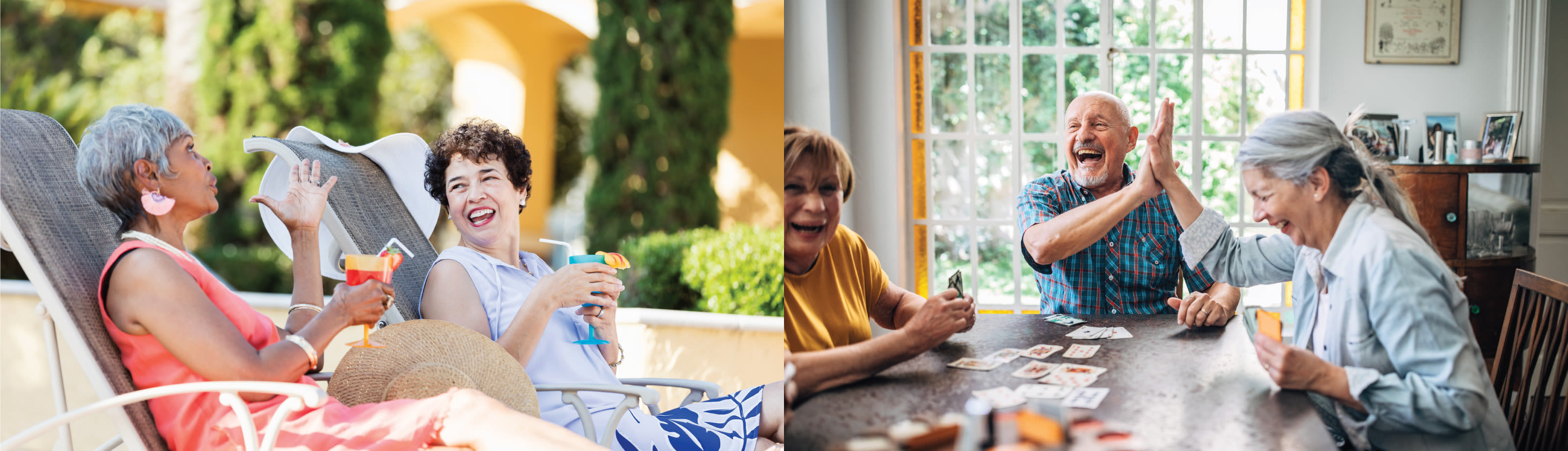 woman talking poolside | friends playing cards