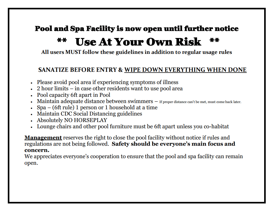Pool and spa rules at Vista Pointe II